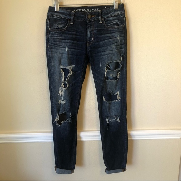 American Eagle Factory Destroyed Dark Denim Stretch Jegging Jeans Woman’s Size 0 - Picture 10 of 12